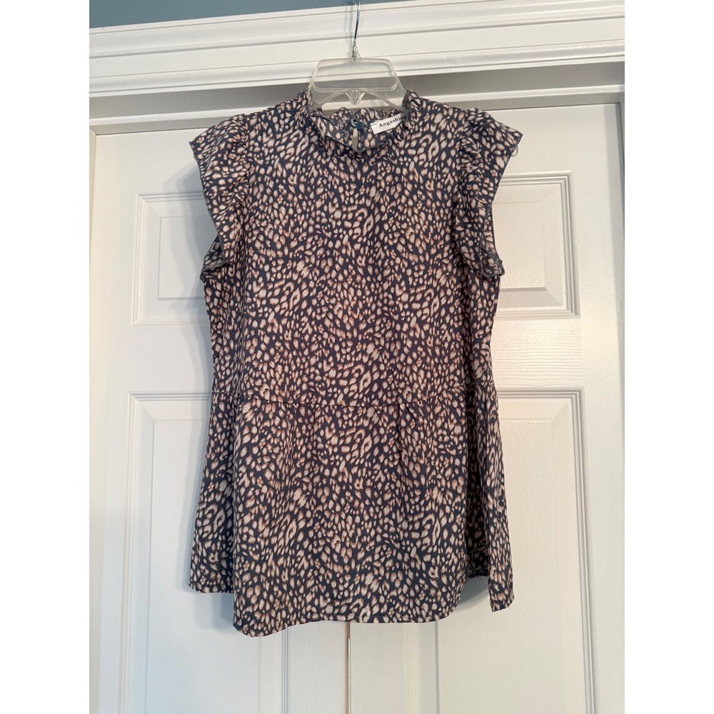 Angashion Womens Leopard Print Blouse Navy Blue Ruffle Mock Neck Flutter S